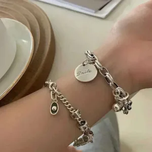 Sterling Silver Bracelet Geometric Heart Motif — Silver | KIMLUD