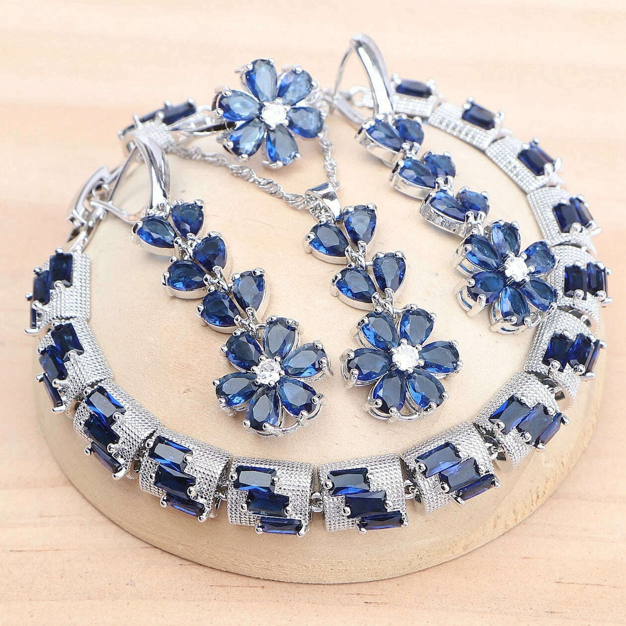 Sterling Silver Bridal Jewelry Set Blue Cubic Zirconia — Deep Cobalt | KIMLUD