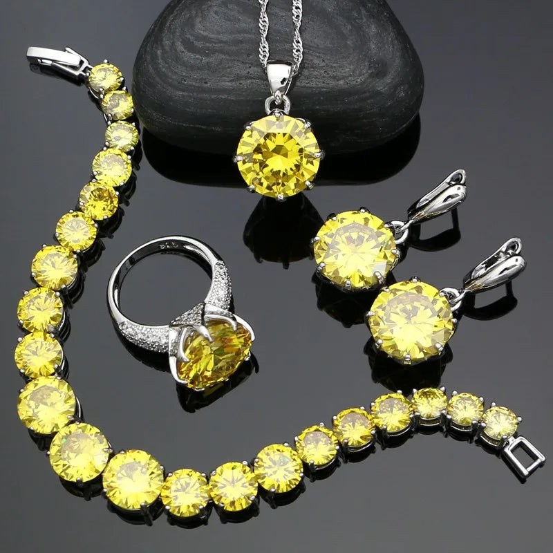 Sterling Silver Bridal Jewelry Set Cubic Zirconia — Canary Yellow | KIMLUD