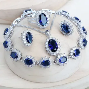 Sterling Silver Bridal Jewelry Set Necklace Earrings — Blue | KIMLUD