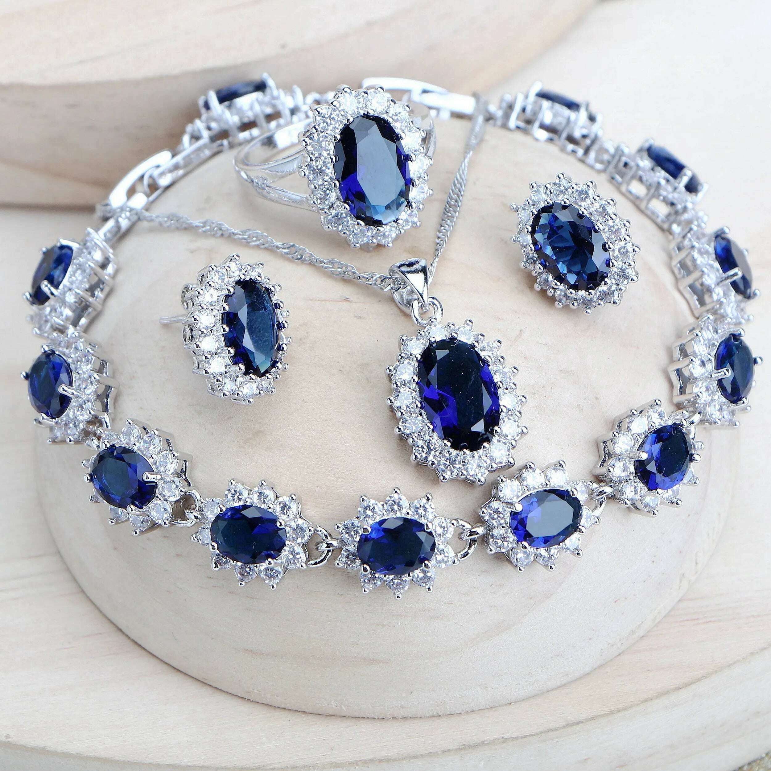 Sterling Silver Bridal Jewelry Set Necklace Earrings — Blue | KIMLUD
