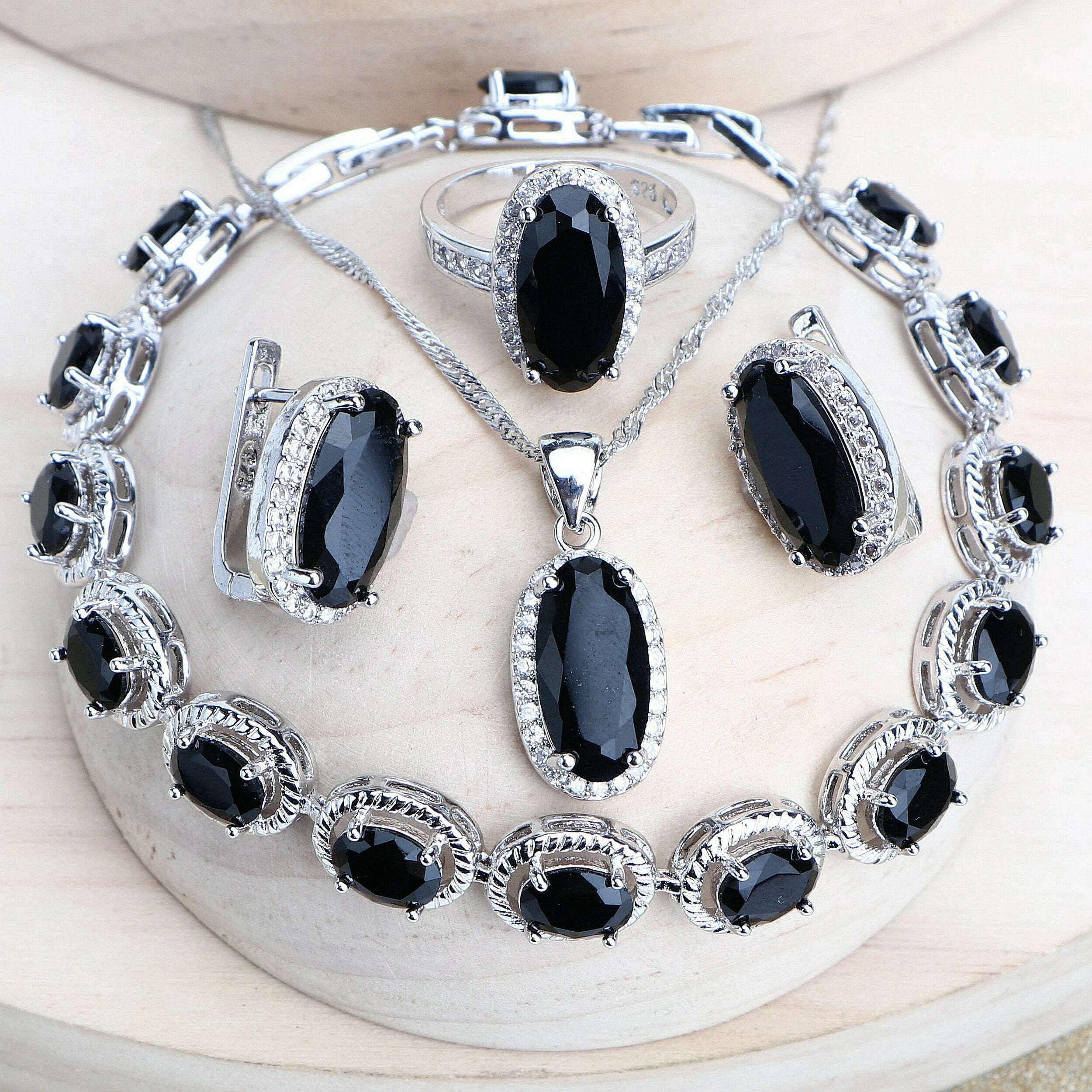 Sterling Silver Bridal Jewelry Set Pave Black Cubic Zirconia — Black | KIMLUD