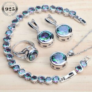 Sterling Silver Bridal Jewelry Set With Rainbow Zircon Ornaments And Timeless Elegance — Rainbow | KIMLUD
