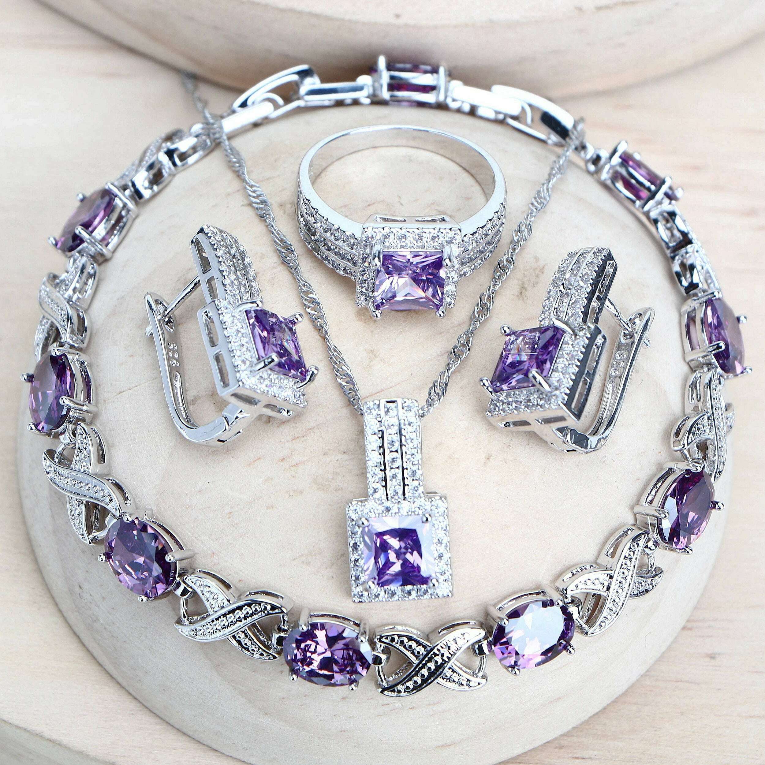 Sterling Silver Bridal Jewelry Set Zirconia — Purple | KIMLUD