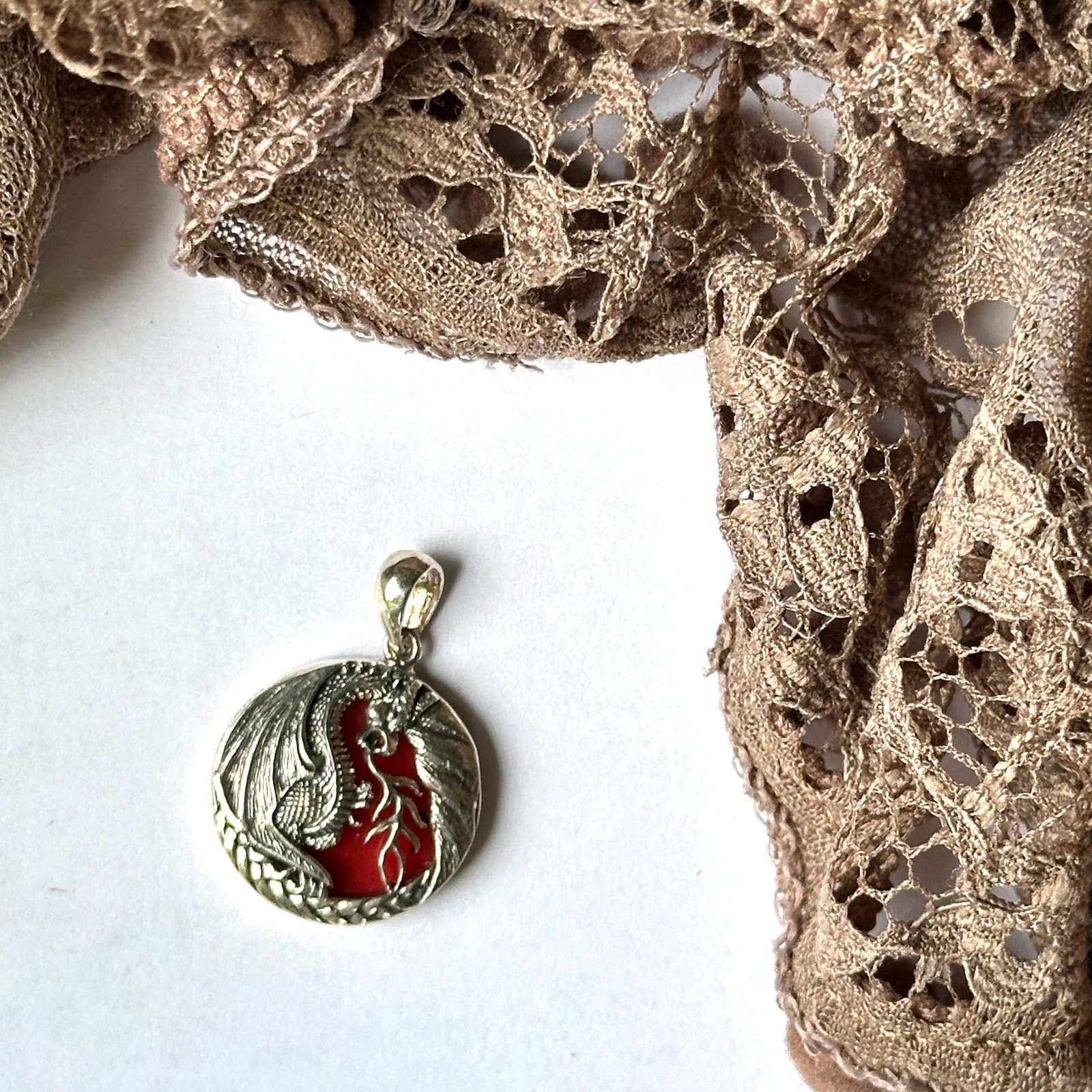 Sterling Silver Dragon with Red Abalone Shell Red Pendant