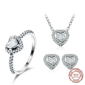 Sterling Silver Heart Jewelry Set With Necklace And Earrings Featuring Zircon Accents — Silver | KIMLUD