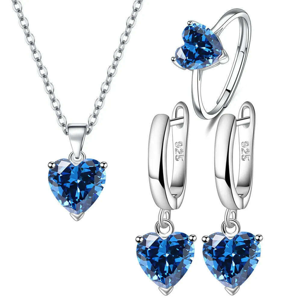 Sterling Silver Jewelry Set Heart Zircon Necklace Earrings — Silver | KIMLUD