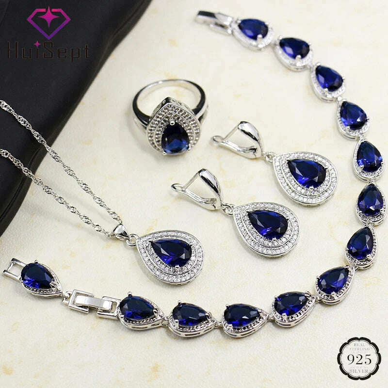Sterling Silver Jewelry Set Water Drop Sapphire Necklace Earrings Bracelet Ring — Blue | KIMLUD