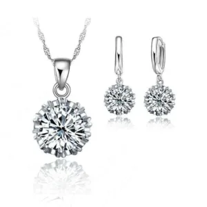Sterling Silver Jewelry Set With Halo Pendant And Stud Earrings In White Zircon — White | KIMLUD