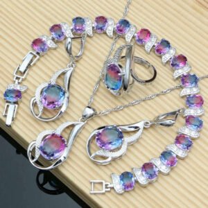 Sterling Silver Jewelry Set With Tourmaline Earrings Pendant Necklace Open Ring Tennis Bracelet — Rainbow | KIMLUD