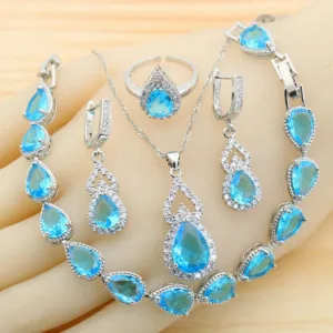 Sterling Silver Multi-Piece Jewelry Set Water Drop Zirconia Earrings Necklace Bracelet Ring — Sky Blue | KIMLUD