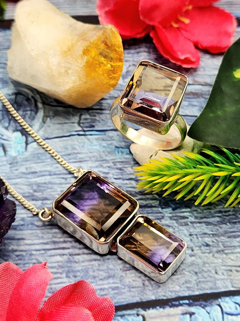 Stunning ametrine jewelry set (necklace/ring) in 925 sterling silver – gemstone/crystal jewelry | Mother’s Day/anniversary/occasion gift