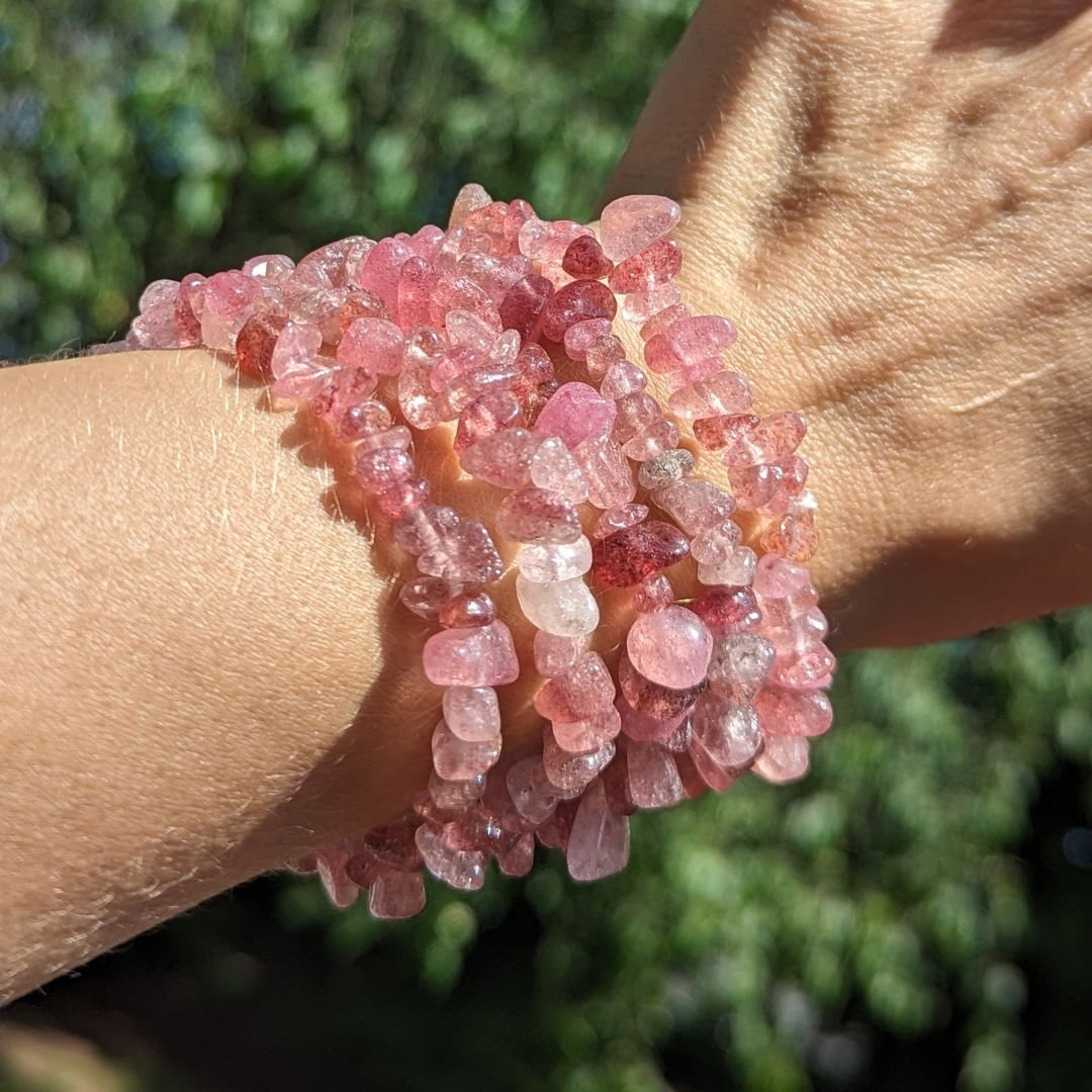 Sweet Pink Strawberry Quartz Tumbled Chip Bracelet on Stretch Cord ~ Awakening Energy
