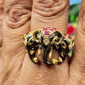 The Majestic Three-Headed Elephant Finger Ring: Garnet and Blue Sapphire Splendor in 925 silver black rhodium plated
