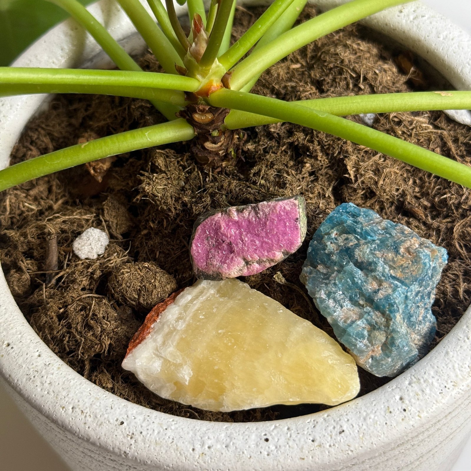 Three Piece Raw Gemstone Set – Pineapple Calcite, Sparkling Pink Aragonite and Blue Apatite Chunk