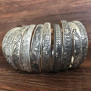Tibetan Silver Cuff Bracelet Carved Fish Elephant — Antique Silver | KIMLUD