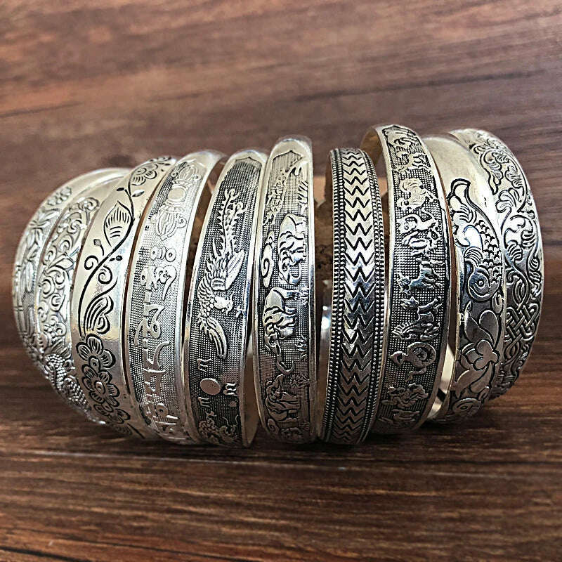 Tibetan Silver Cuff Bracelet Carved Fish Elephant — Antique Silver | KIMLUD