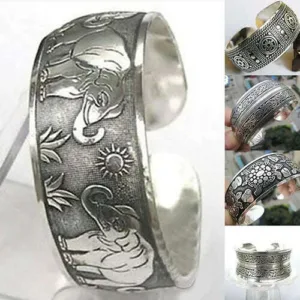 Tibetan Silver Open Cuff Elephant Motif Intricately Carved — Antique Silver | KIMLUD