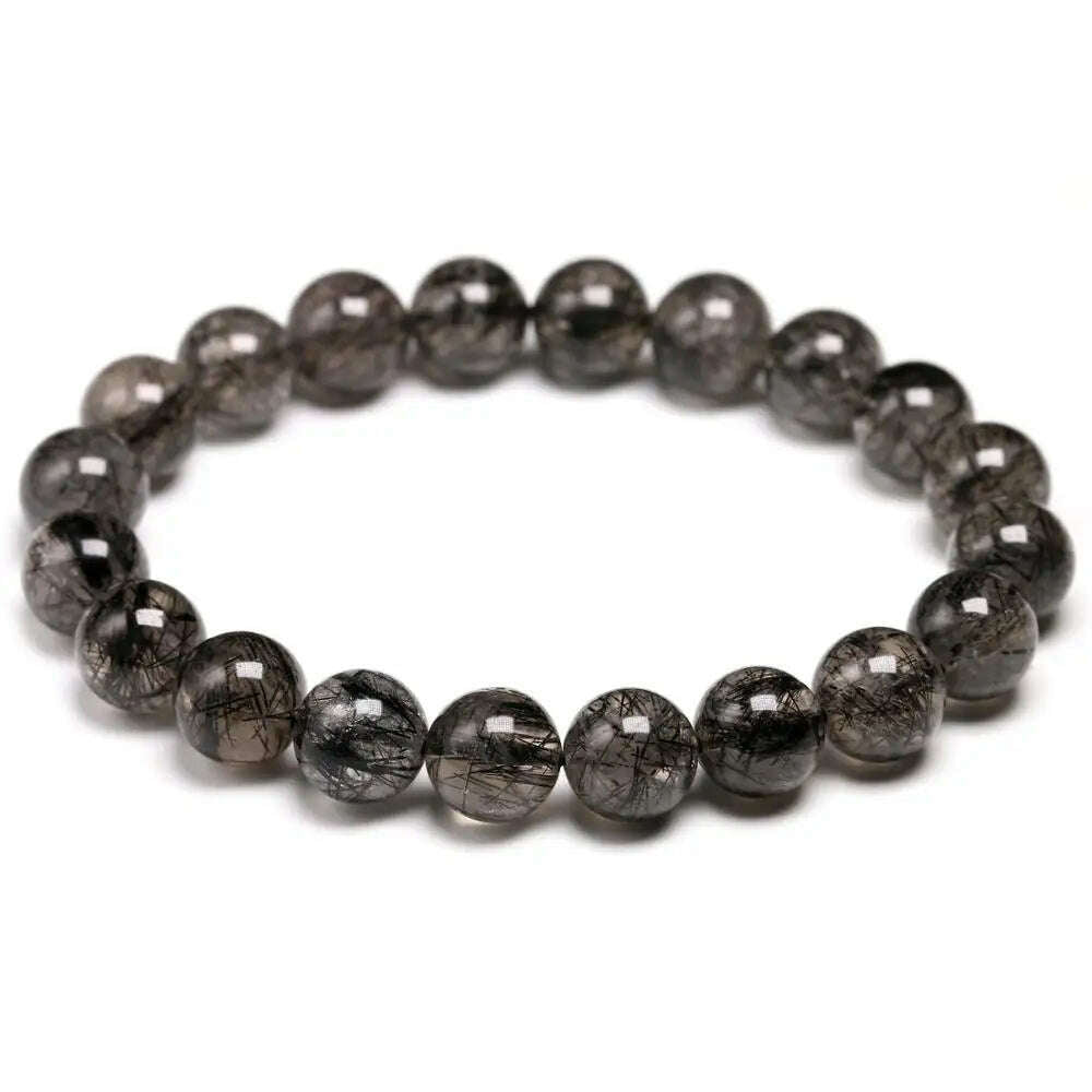 Tourmalinated Quartz Bracelet Natural 7A Beaded Unisex Everyday Luxe Accessory — Black | KIMLUD