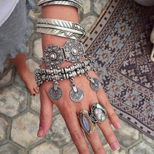 Two-Tone Chain Link Bracelets Coin Charm Adjustable — Antique Silver | KIMLUD