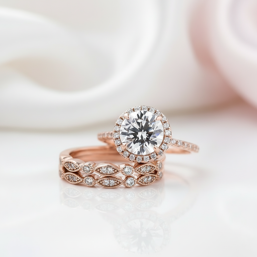 Vintage 3PC Halo Round Cut Wedding Ring Set In Rose Gold