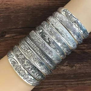 Vintage Bangles Snake Pattern Floral Motif — Antique Silver | KIMLUD