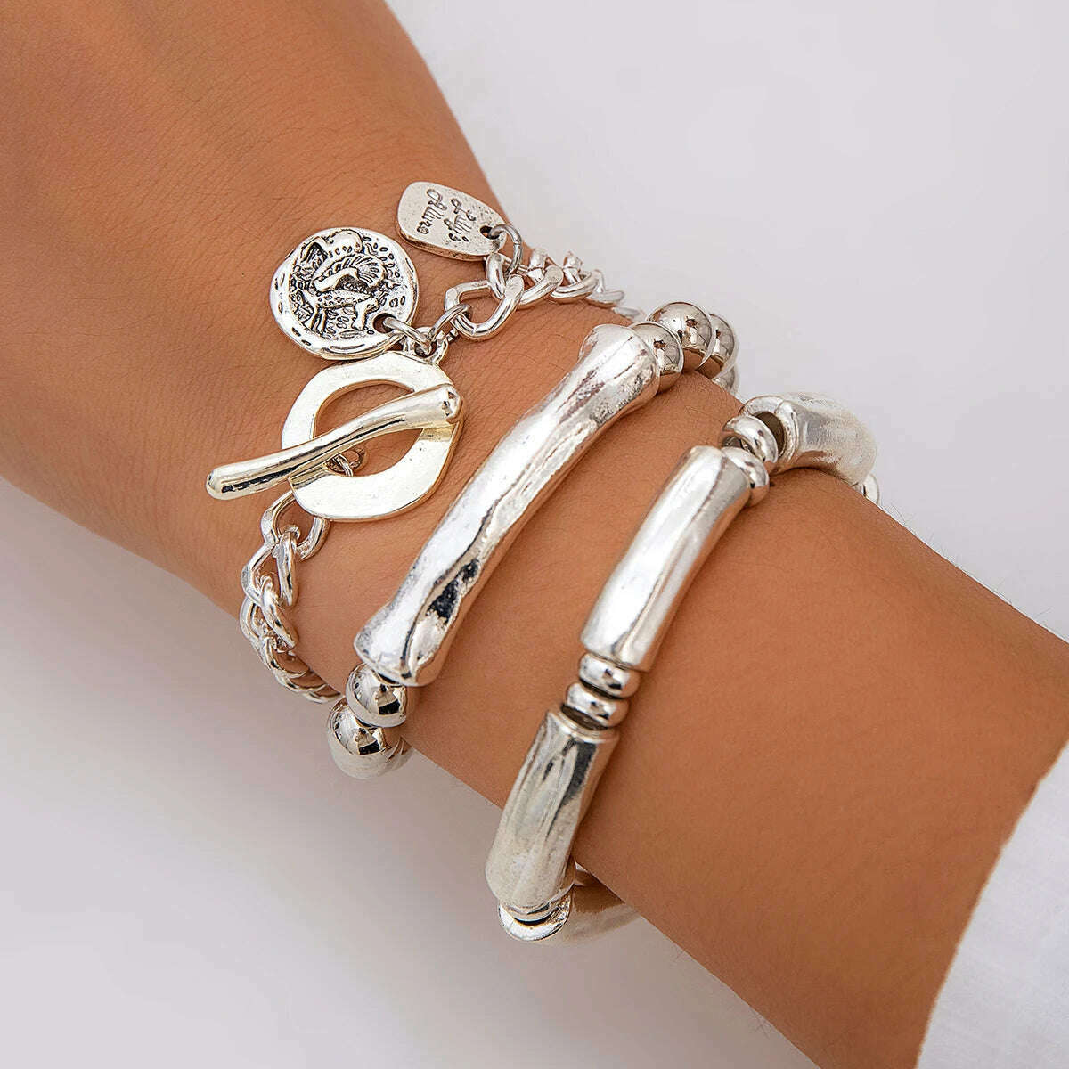 Vintage Goth Bracelet Coin Pendant Set — Antique Silver | KIMLUD