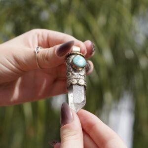 Vintage Quartz Pendant with Larimar Accent Stone- Handmade in Nepal