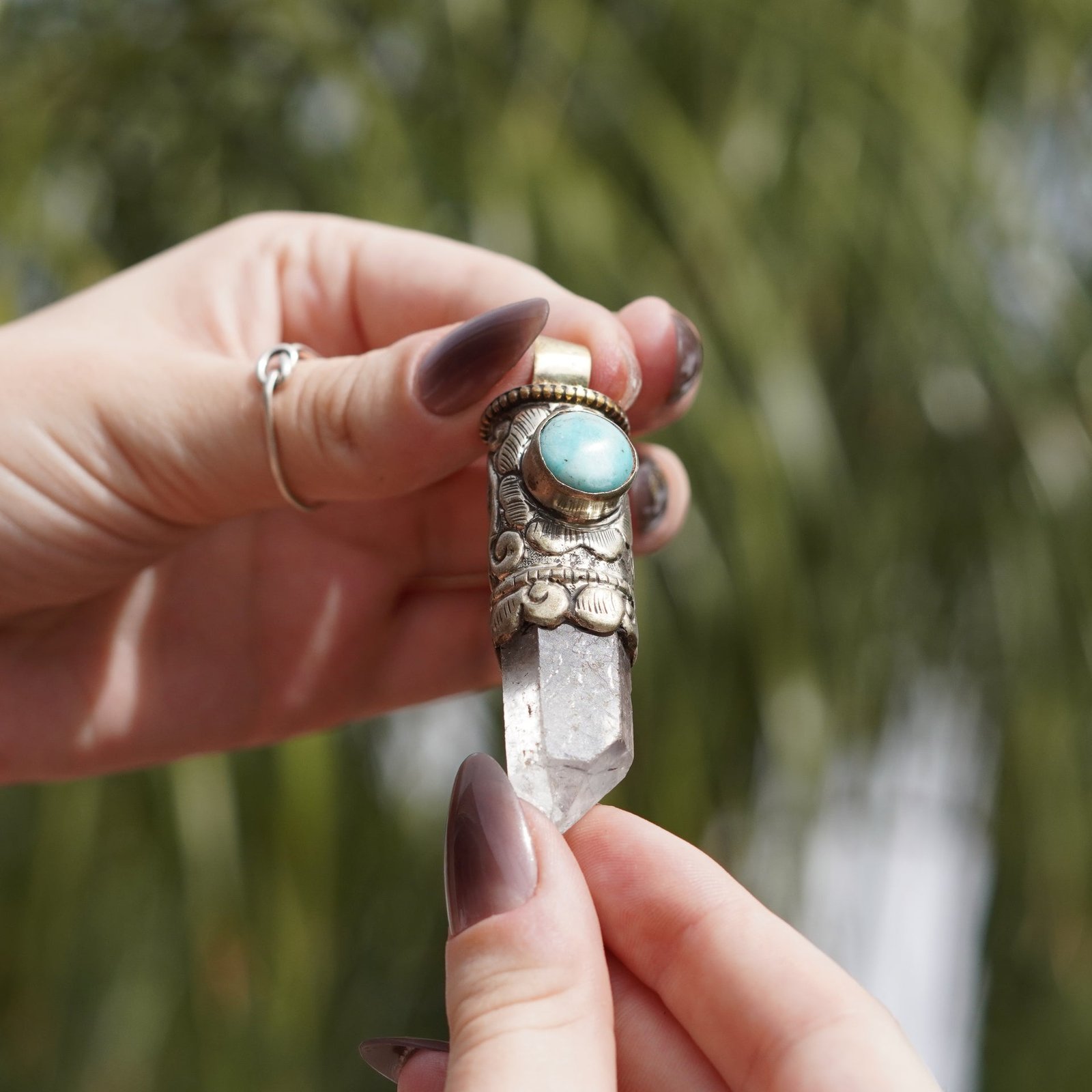Vintage Quartz Pendant with Larimar Accent Stone- Handmade in Nepal