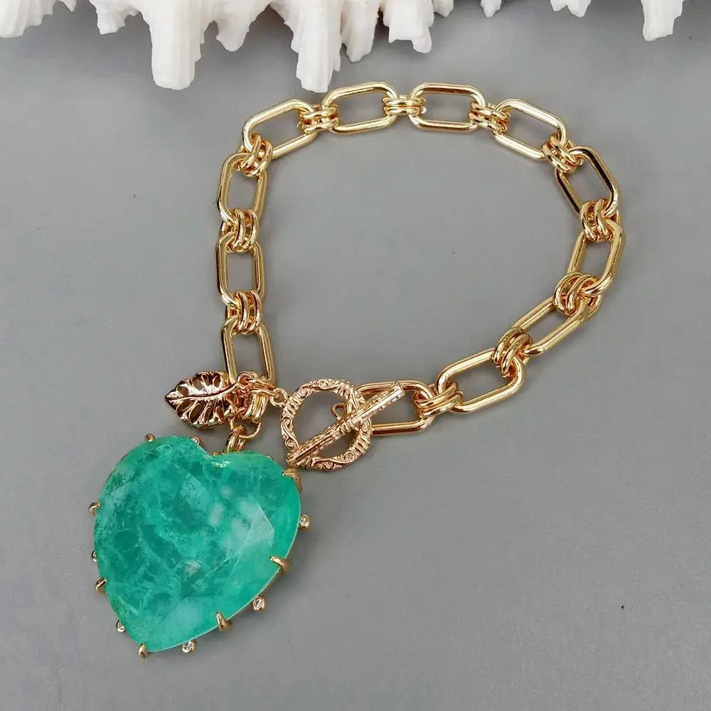 Yellow Gold Plated Heart Charm Bracelet — Green | KIMLUD Yellow Gold Plated Heart Charm Bracelet — Green | KIMLUD