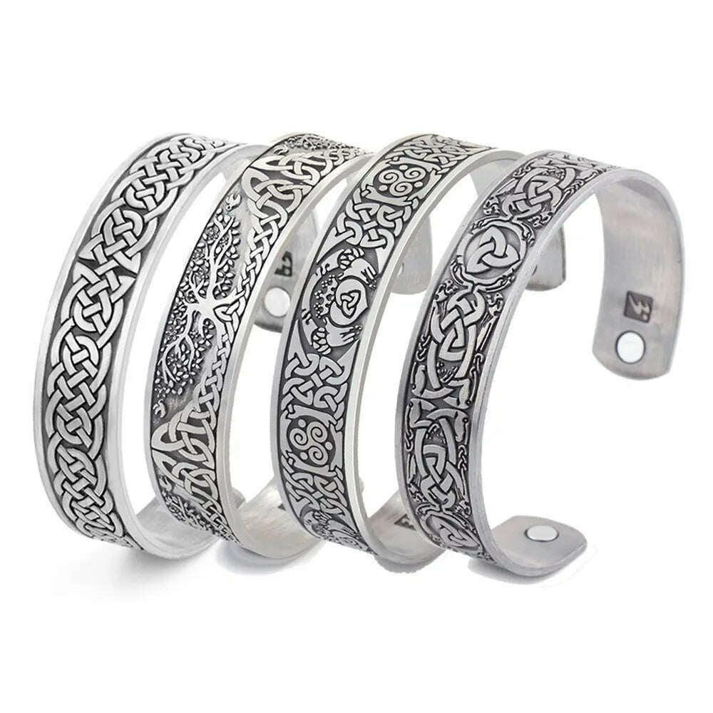Zinc Alloy Cuff Bracelet Viking Talisman Magnetic — Silver | KIMLUD
