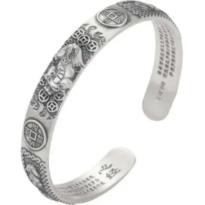 Zinc Alloy Retro Ethnic Pixiu Bangles With Intricate Carving — Matte Silver | KIMLUD