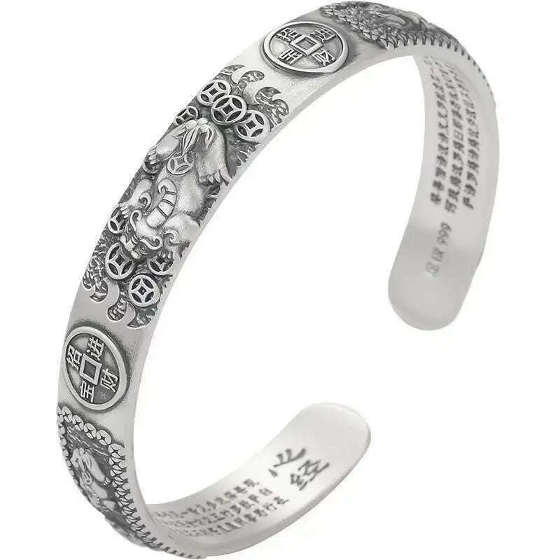 Zinc Alloy Retro Ethnic Pixiu Bangles With Intricate Carving — Matte Silver | KIMLUD Zinc Alloy Retro Ethnic Pixiu Bangles With Intricate Carving — Matte Silver | KIMLUD