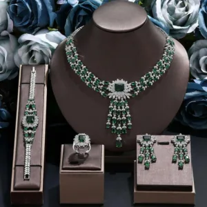 Zirconia Bridal Jewelry Set 4-Piece Necklace Bracelet Earring Ring — Emerald Green | KIMLUD