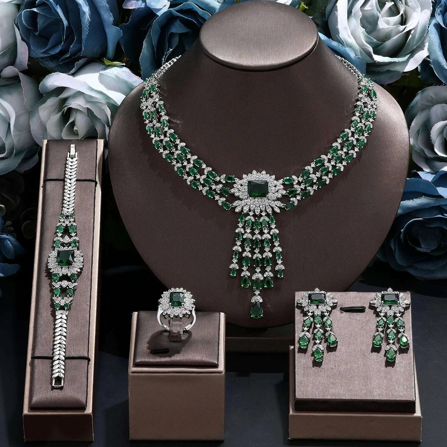 Zirconia Bridal Jewelry Set 4-Piece Necklace Bracelet Earring Ring — Emerald Green | KIMLUD