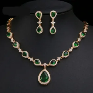 Zirconia Jewelry Set Waterdrop Earrings Necklace — Green | KIMLUD