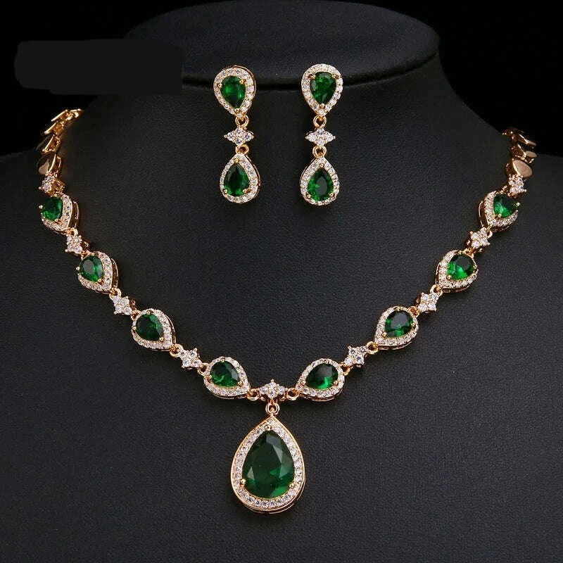 Zirconia Jewelry Set Waterdrop Earrings Necklace — Green | KIMLUD